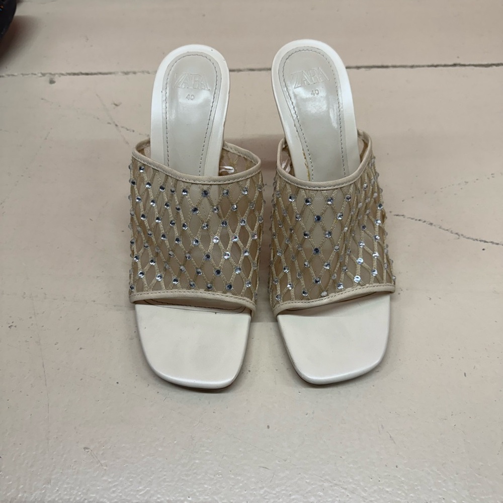 Zara Beige and White Mules with Embellishments